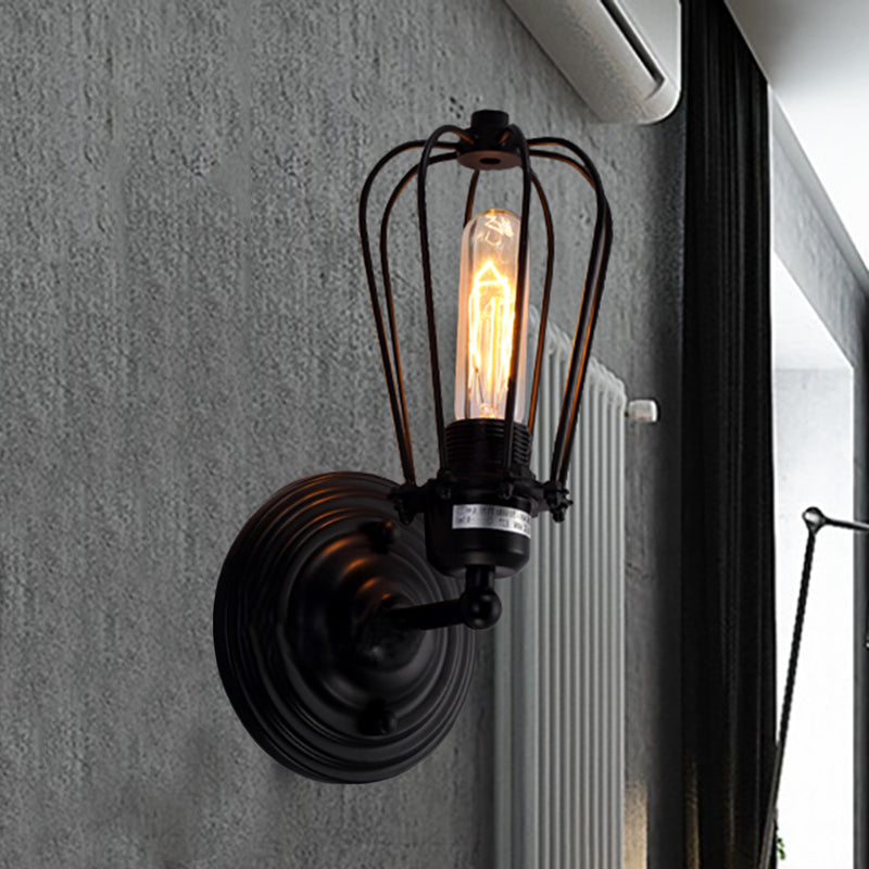 Industrial Rustic Wall Sconce Light With Bulb Cage Shade Metal Black Finish (2-Pack)