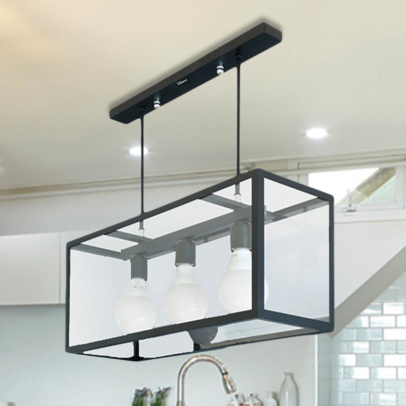 Clear Glass Hanging Pendant Industrial Kitchen Island Light - 3-Light Rectangle Design In White