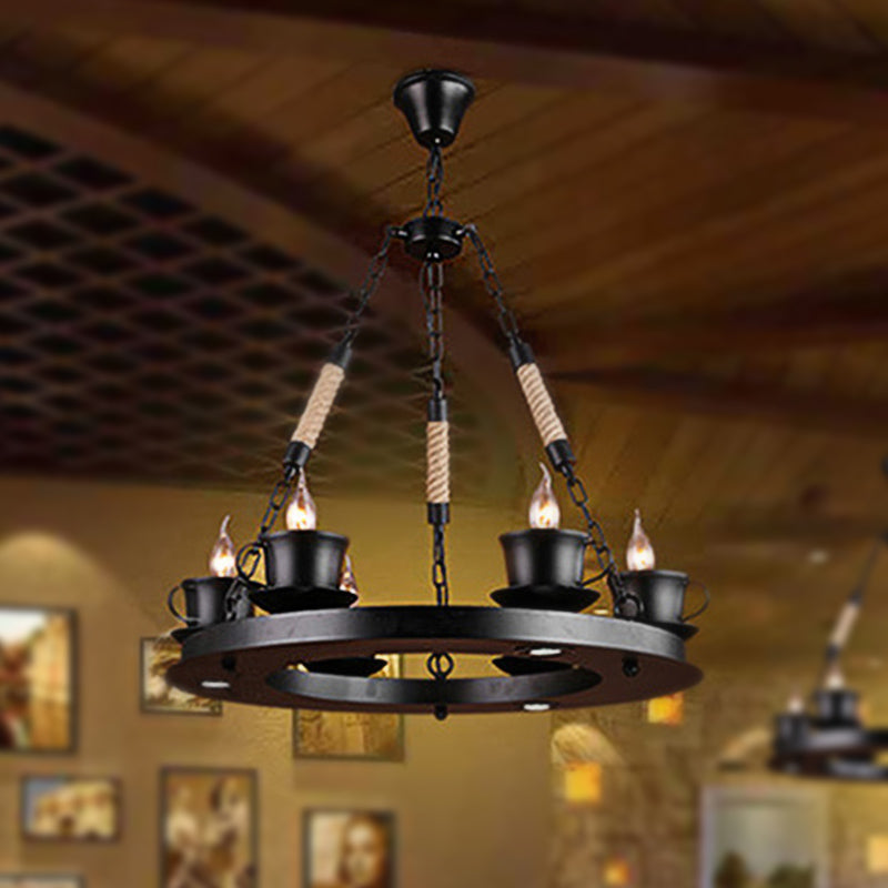 Country Style Black Metal Chandelier With 6 Teacup Shades - Perfect For Restaurants