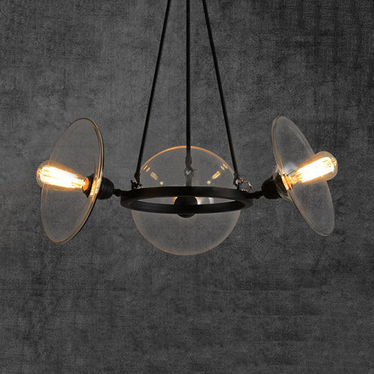 Industrial Black Clear Glass Pendant Chandelier with 3-Light Disc Shades - Perfect for Living Room