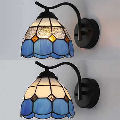 Mediterranean Dome Wall Sconce With Curved Arm And Stained Glass - 1 Light In White/Clear