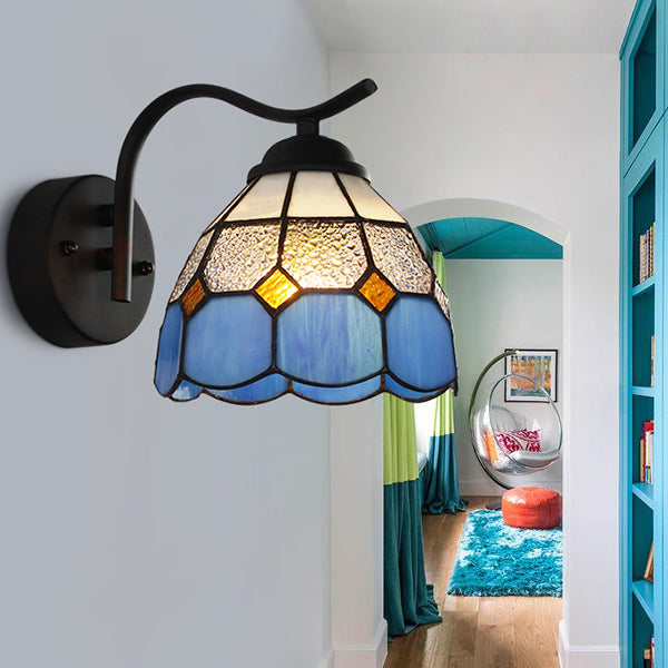 Mediterranean Dome Wall Sconce With Curved Arm And Stained Glass - 1 Light In White/Clear Clear