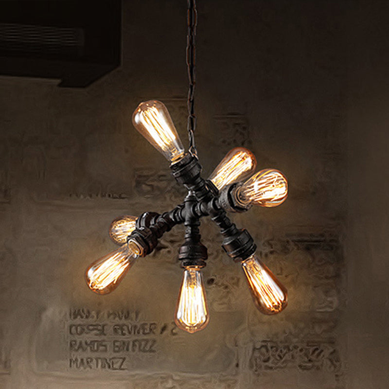 Vintage Style Iron Open Bulb Water Pipe Chandelier - Dark Rust 7 Heads Ceiling Light Fixture
