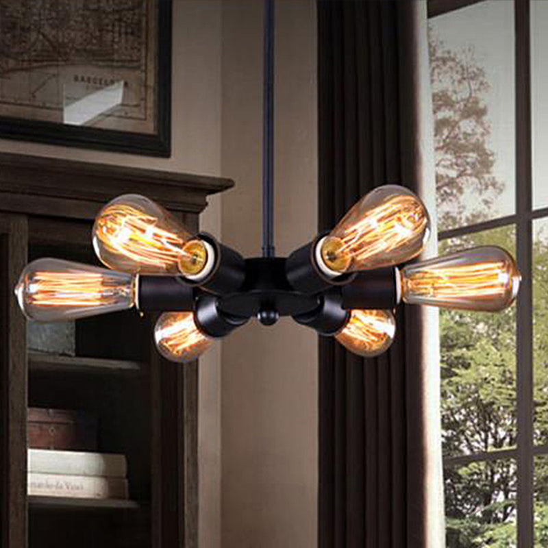 Adjustable Metallic Pendant Light with 6 Bulbs - Ideal for Study Room - Industrial Exposed Chandelier in Black