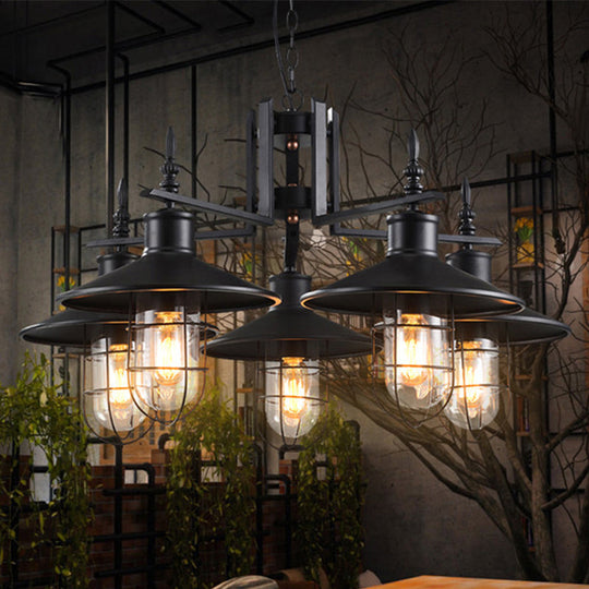 Industrial Black Cone Chandelier - 5-Light Clear Glass Pendant Light Fixture with Iron Cage for Dining Room