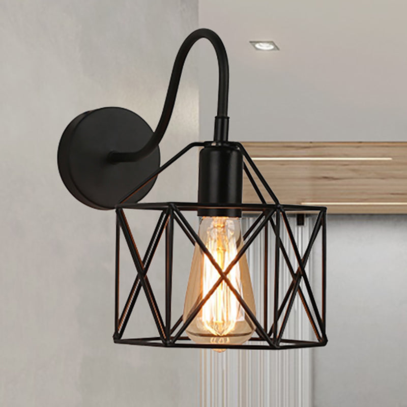 Industrial Wire Guard Sconce With Gooseneck Arm - Black 1-Light Wall Lighting