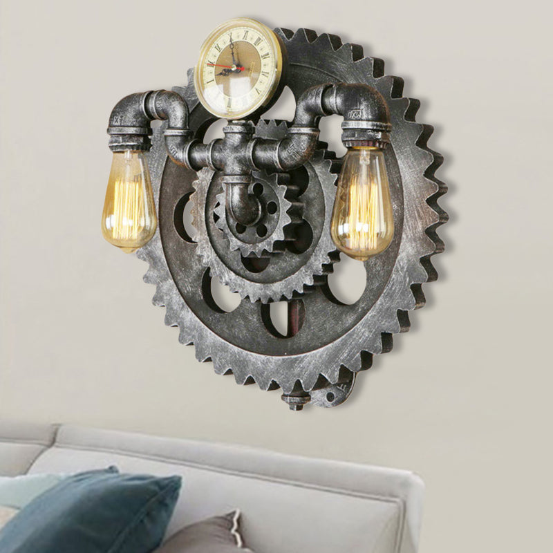 Industrial 2-Light Wrought Iron Wall Sconce - Exposed Bulb Lighting In Aged Silver For Living Room