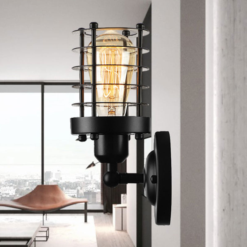 Wrought Iron Cage Wall Light - Industrial Rust/Black Finish Black