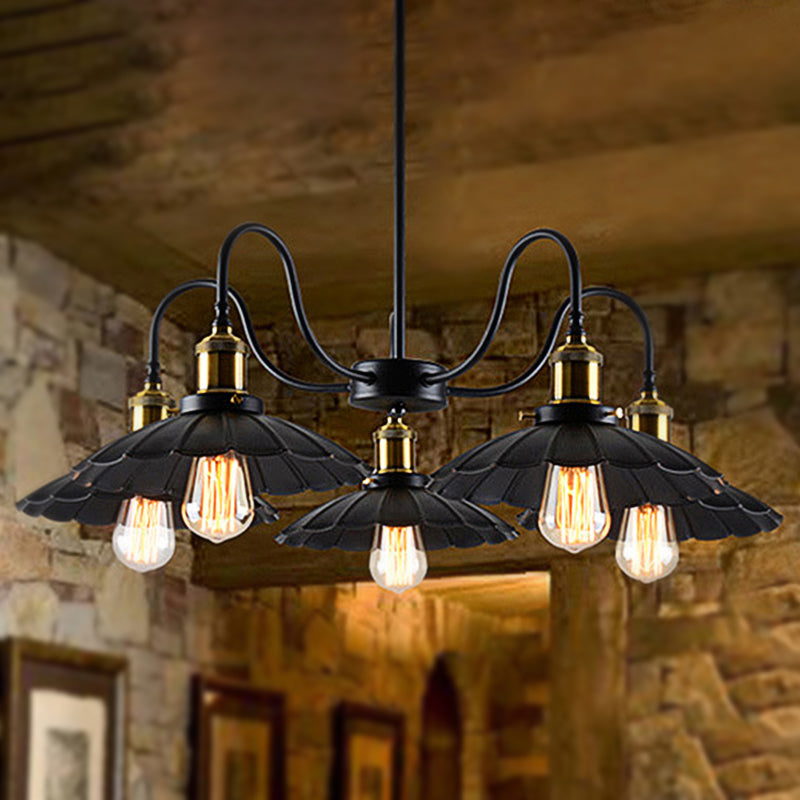 Black Scalloped Chandelier Light: Industrial Metal Pendant With 5 Heads +