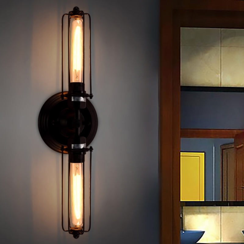 Industrial Style 2-Light Tube Cage Wall Lamp In Rust/Black For Hallway/Corridor Lighting Black