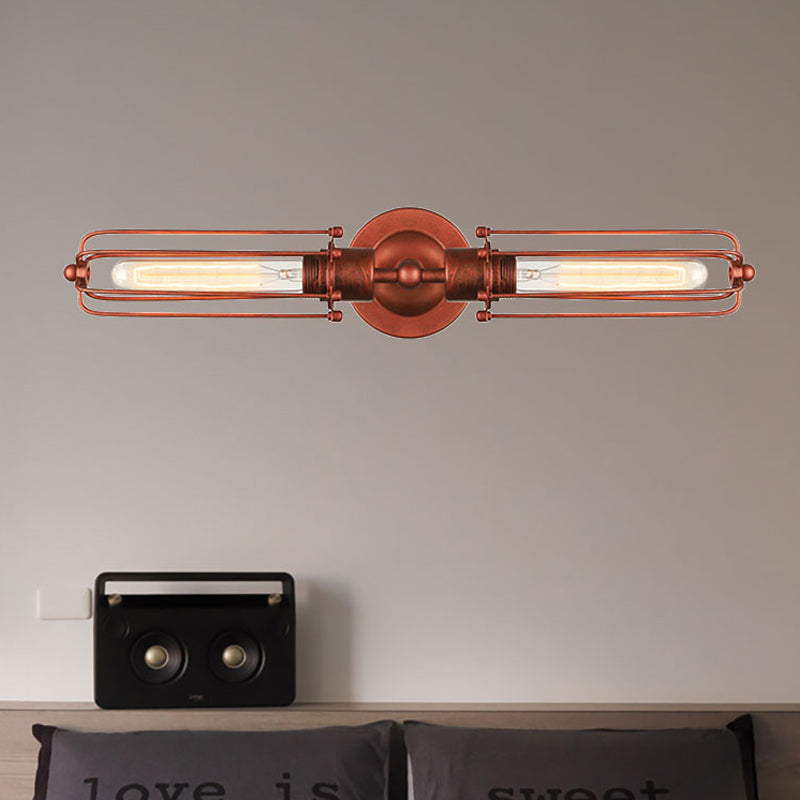 Industrial Style 2-Light Tube Cage Wall Lamp In Rust/Black For Hallway/Corridor Lighting Rust