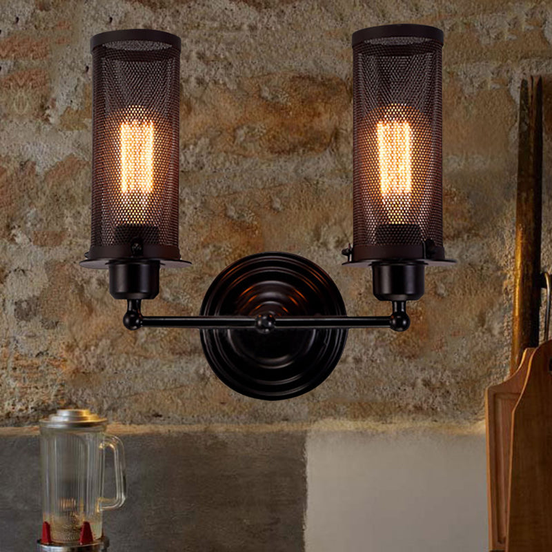 Antique Style Iron Wall Sconce With Mesh Shade - Farmhouse Mounted Lamp In Black 2 /