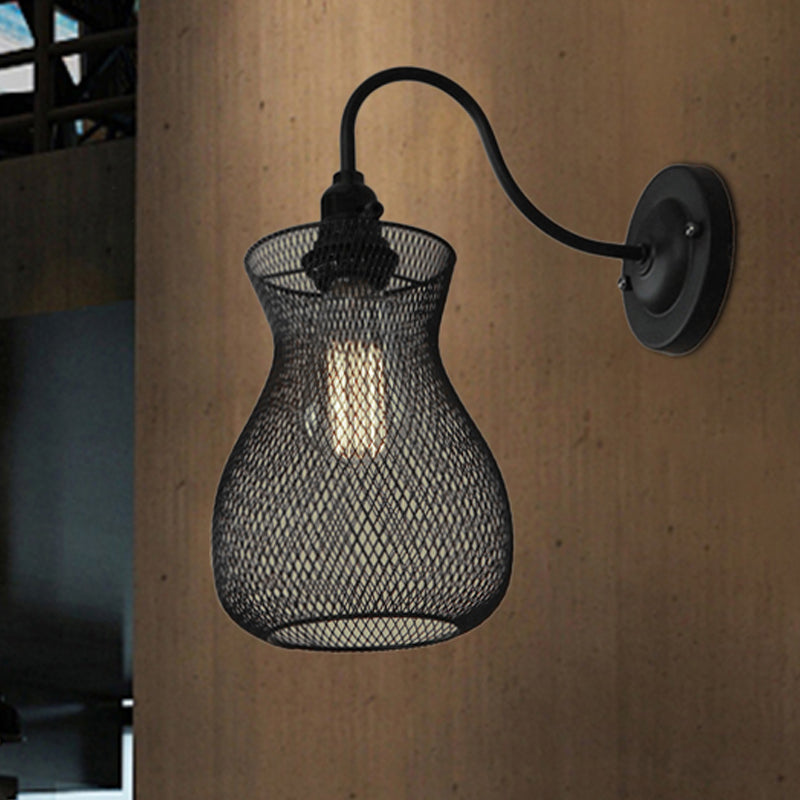 Industrial Black Metal Wall Sconce With Mesh Shade - Vase Shape Bulb Holder For Corridor
