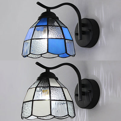 Tiffany Dome Wall Sconce Light Stained Glass 1-Light Bathroom Fixture In White/Blue