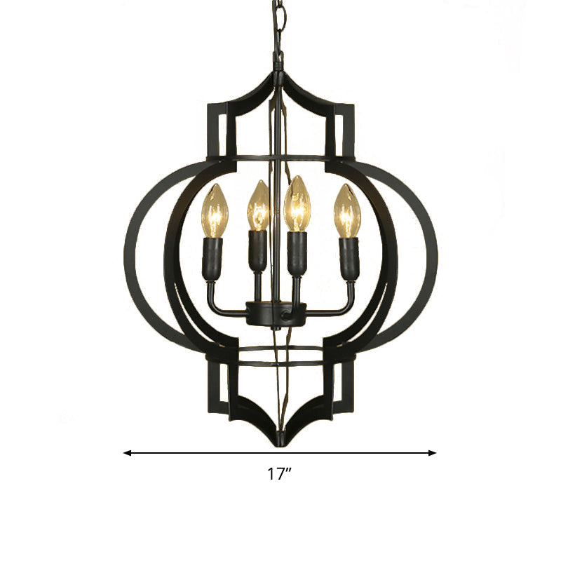 Vintage Style Wrought Iron Chandelier Light With Lantern Cage Shade - 4/6 Bulbs Medium Size Black