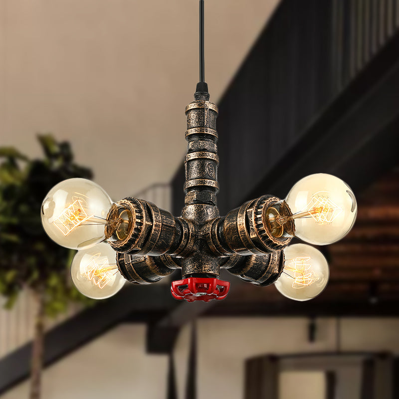 Rustic Wrought Iron 4-Light Pendant Chandelier - Antique Brass Finish for Water Pipe Restaurant