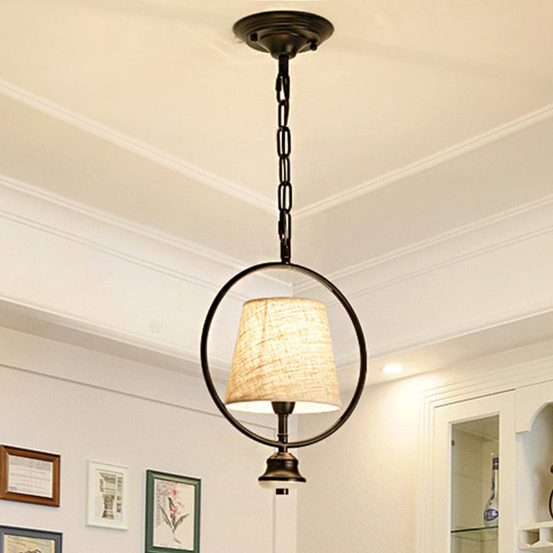 Black Fabric Pendant Light With Traditional Trapezoid Design And Iron Ring