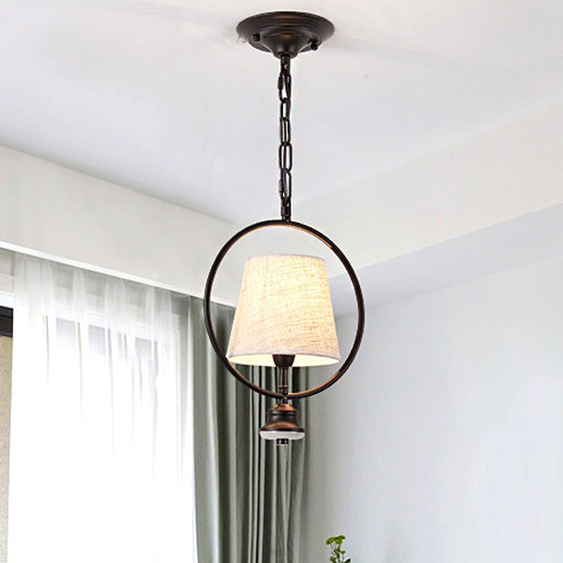 Black Fabric Pendant Light With Traditional Trapezoid Design And Iron Ring