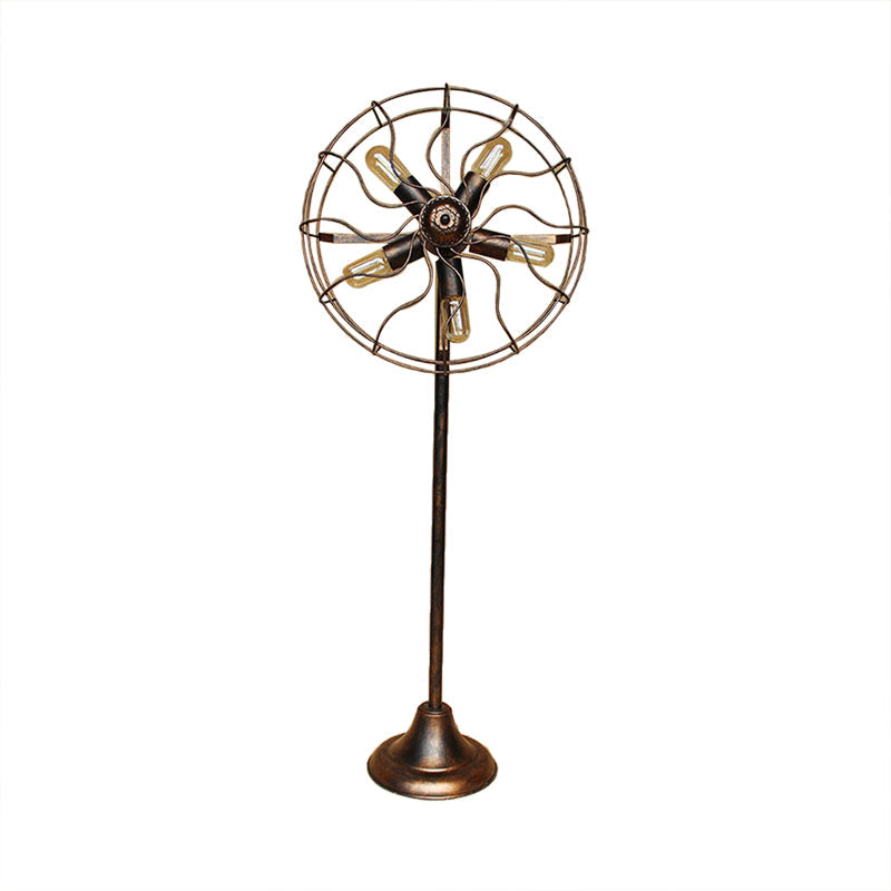 Antique Bronze 5-Light Fan Design Floor Lamp With Cage Shade - Rustic Loft Wrought Iron Indoor