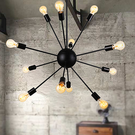 Industrial Black Sputnik Chandelier With 9/12 Lights - Retro Metal Pendant Fixture For Dining Room