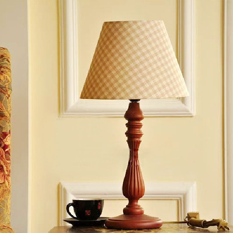 Barrel Shape Desk Lamp - Beige/Tan/Dark Blue Traditional Fabric Bedroom Reading Light With Wood Base
