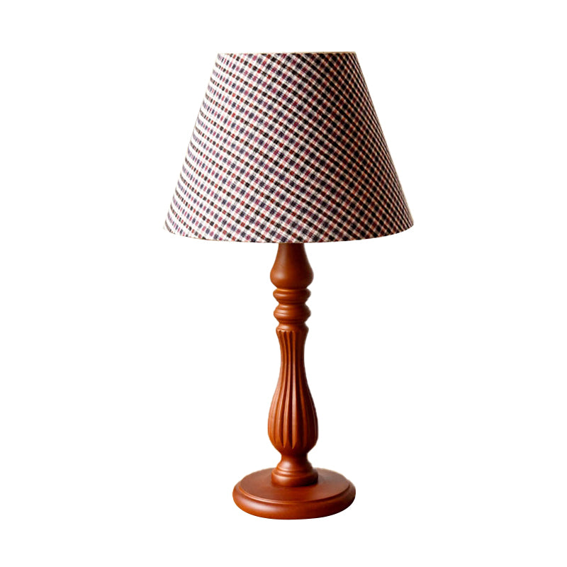 Barrel Shape Desk Lamp - Beige/Tan/Dark Blue Traditional Fabric Bedroom Reading Light With Wood Base