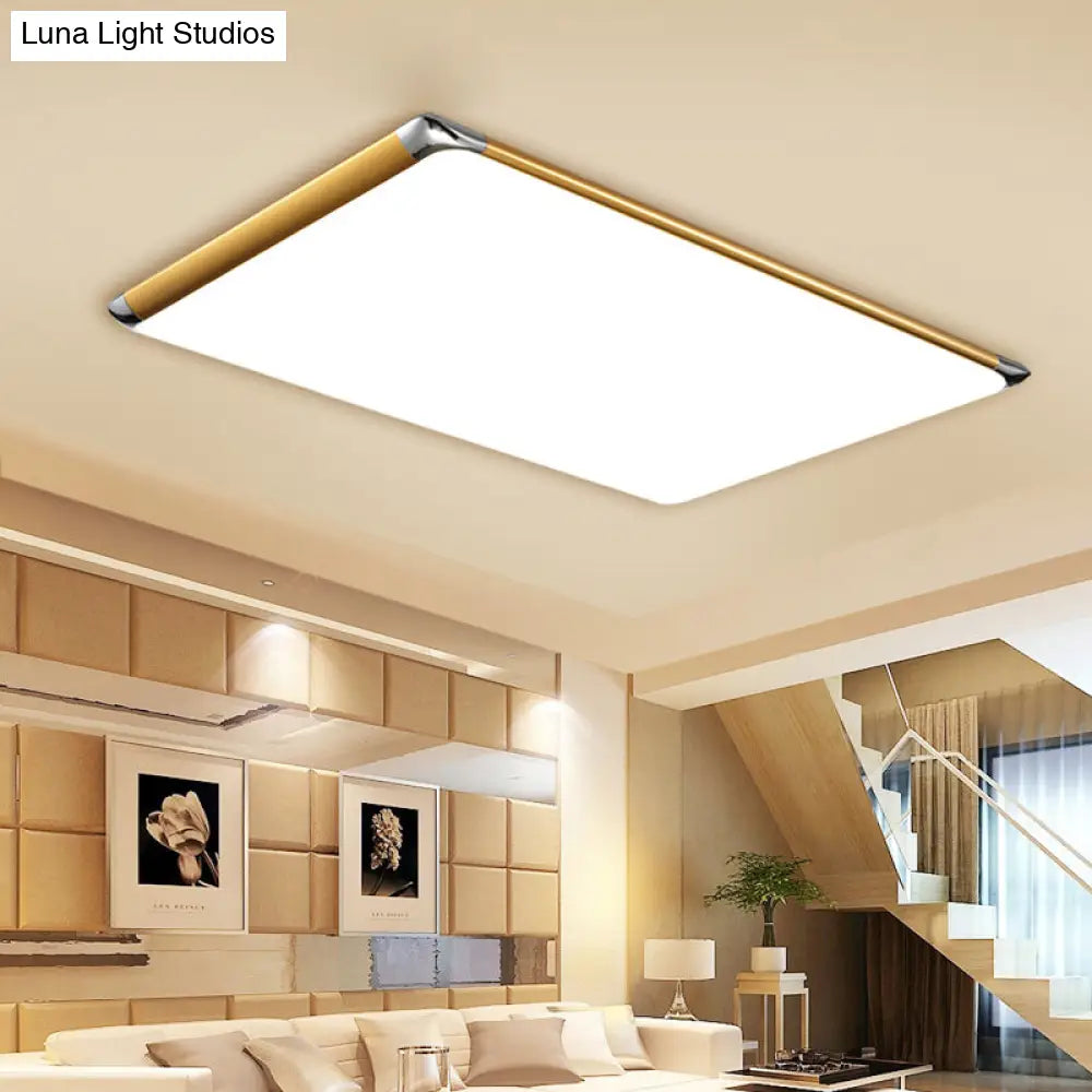 25.5/36 Rectangular Gold Led Metal Flush Ceiling Light For Living Room With Acrylic Shade -