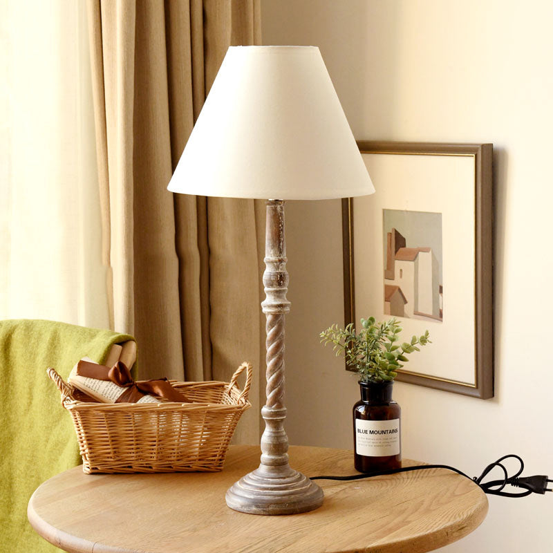 Traditional White Barrel Shape 1-Light Fabric Desk Lamp: Bedroom Reading Light With Wood Base