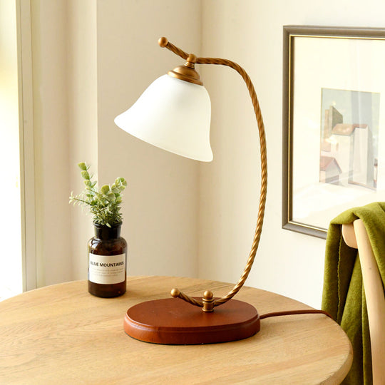 Traditional Red Brown Bedroom Desk Lamp - Study Light With White Glass Shade