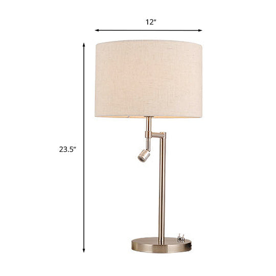 Traditional Drum Study Light: 1-Light Fabric Task Lighting In Nickel For Bedroom With Base