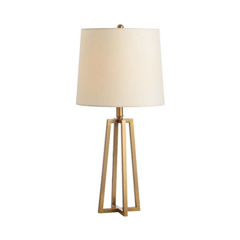 Traditional Fabric Drum Table Light With Geometric Base - Bedroom Task Lighting In White