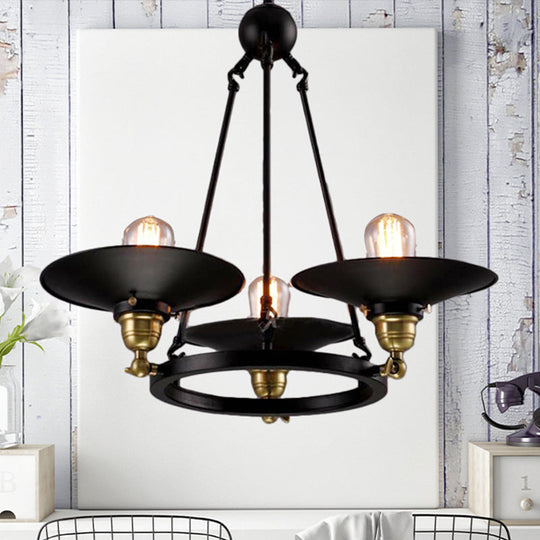 Vintage Metal Ring Chandelier With Flared Shade In Black - 3/6 Lights 3 /