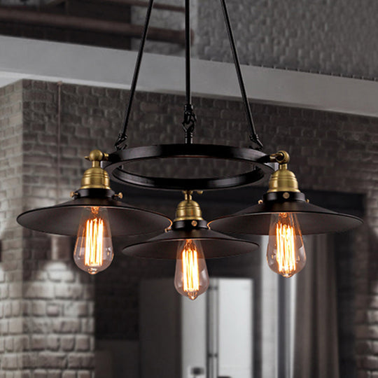 Vintage Metal Ring Chandelier With Flared Shade In Black - 3/6 Lights