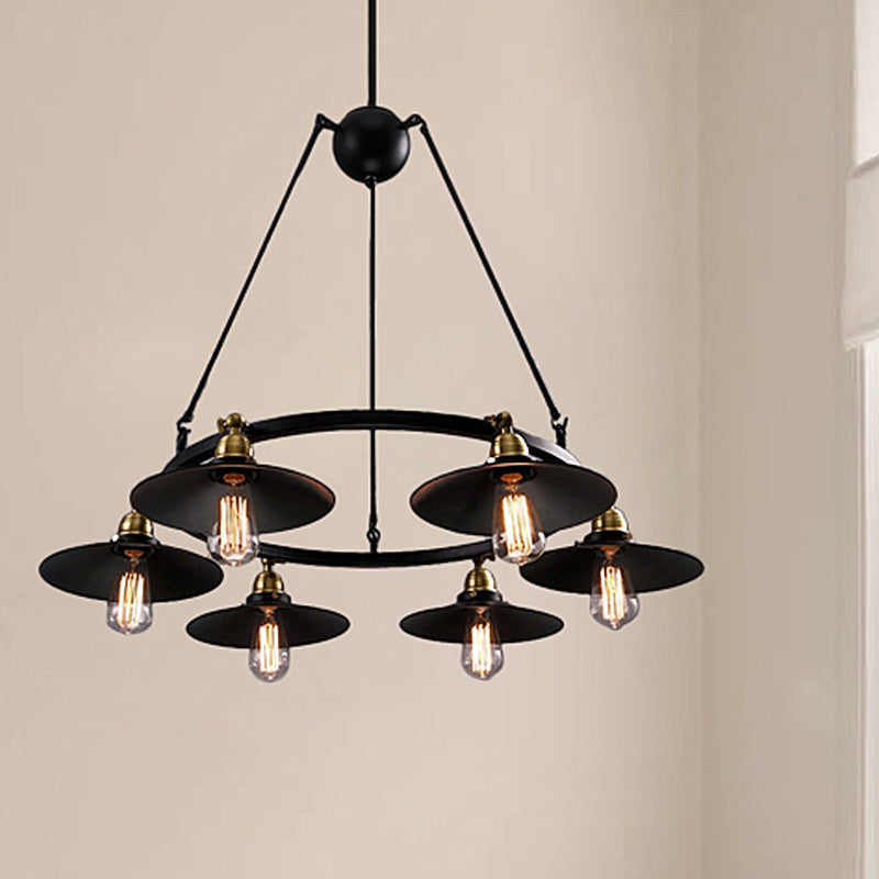Vintage Style Metal Ring Chandelier with Flared Shade - 3/6 Lights - Dining Table Pendant Lighting in Black