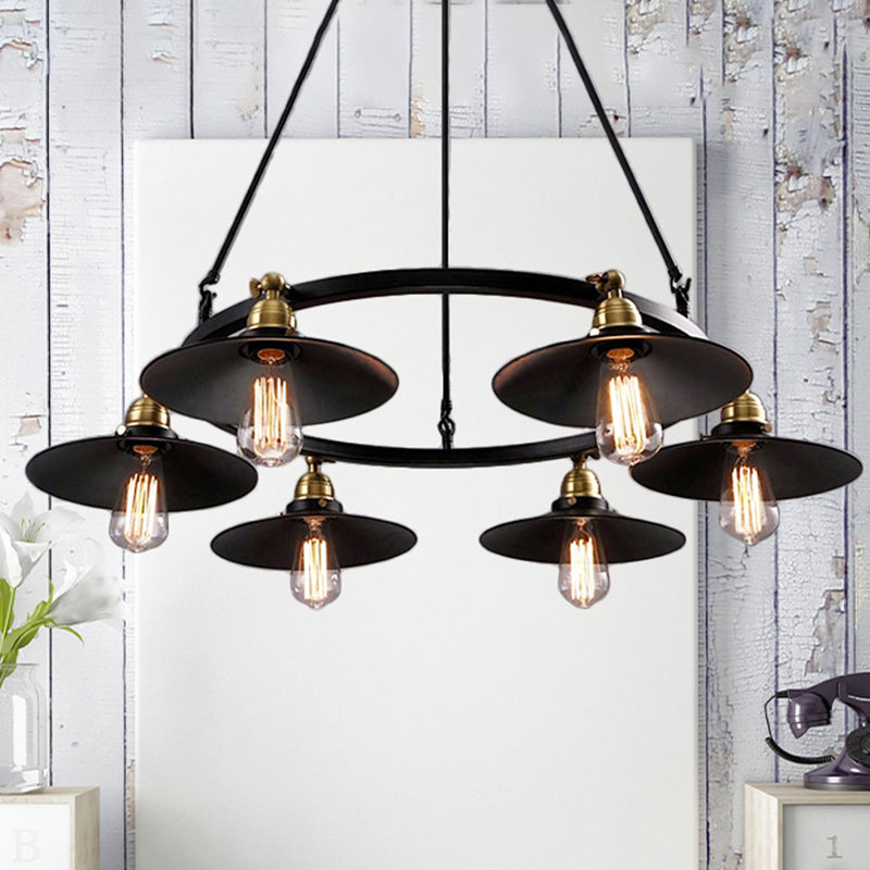 Vintage Metal Ring Chandelier With Flared Shade In Black - 3/6 Lights
