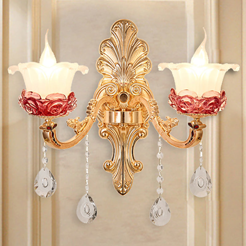 Vintage Flower Milk Glass Wall Sconce - Brass Finish With Clear Crystal Decoration 2 /