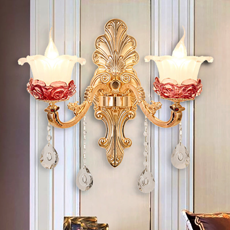 Vintage Flower Milk Glass Wall Sconce - Brass Finish With Clear Crystal Decoration