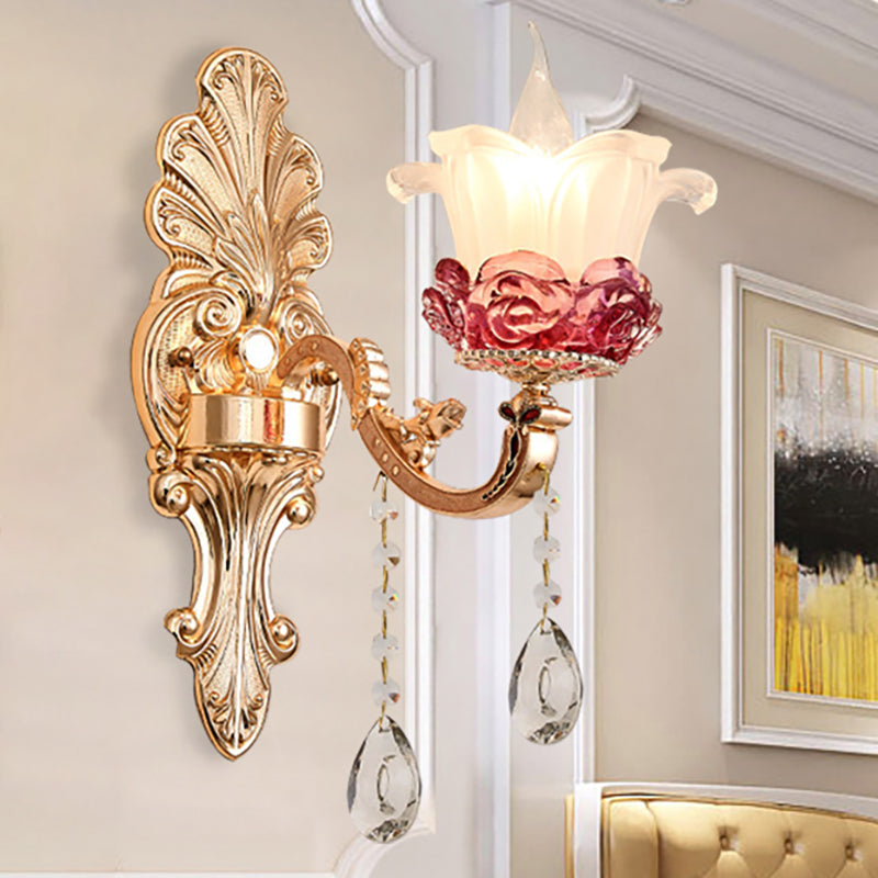 Vintage Flower Milk Glass Wall Sconce - Brass Finish With Clear Crystal Decoration 1 /
