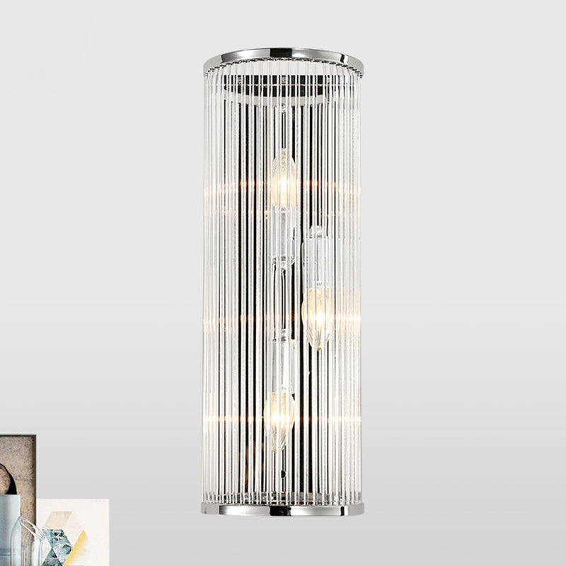 Modern Chrome Wall Sconce Fixture With Clear Crystal Shade - 3-Light Bedroom Light