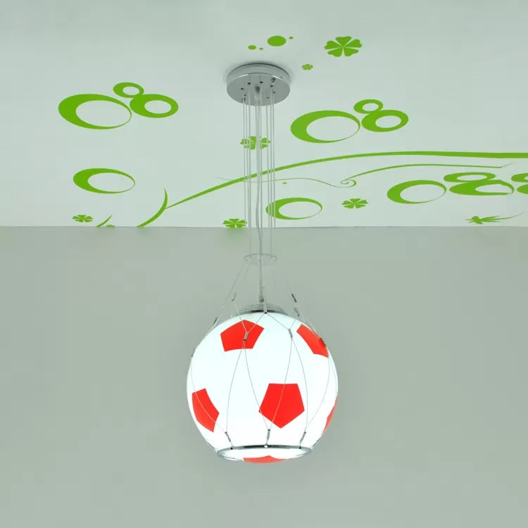 Soccer Glass Pendant Light For Boys Bedroom - Sporty Suspension Lighting With One Head Red