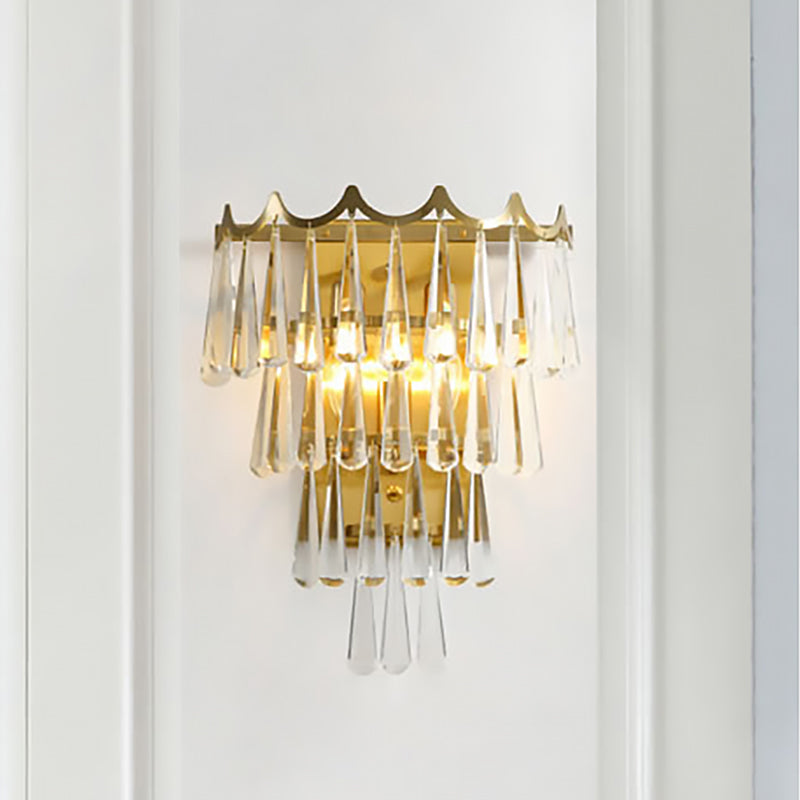 Modern 2-Light Metal Wall Fixture With Crystal Teardrop Shade And Golden Finish Gold