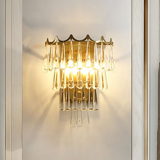 Modern 2-Light Metal Wall Fixture With Crystal Teardrop Shade And Golden Finish