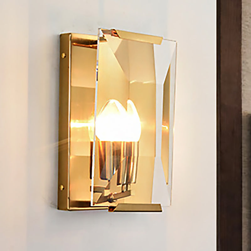 Modern Black/Brass Rectangular Sconce Light With Clear Faceted Crystal And 1 Bulb