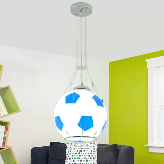 Soccer Glass Pendant Light For Boys Bedroom - Sporty Suspension Lighting With One Head Blue