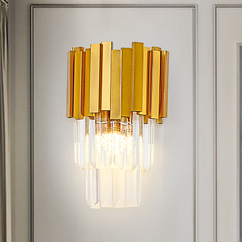 Modern Style Tiered Wall Sconce With Crystal Prism - Golden Metal 1 Light Gold