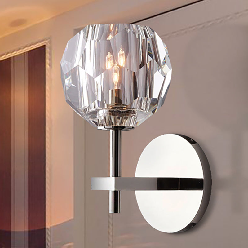 Crystal Faceted Wall Mount Lamp With Chrome Finish And Global Shade- Modern Style 1 Bulb