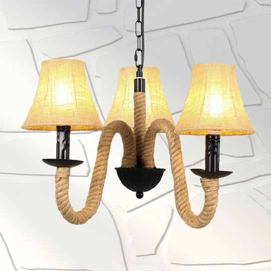Vintage Style Hanging Chandelier With 3 Bell/Cone Lights Beige Fabric Shade & Rope Detail / Bell