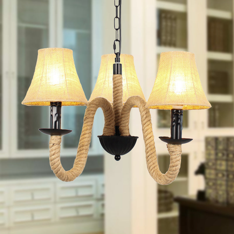 Vintage Style Hanging Chandelier With 3 Bell/Cone Lights Beige Fabric Shade & Rope Detail