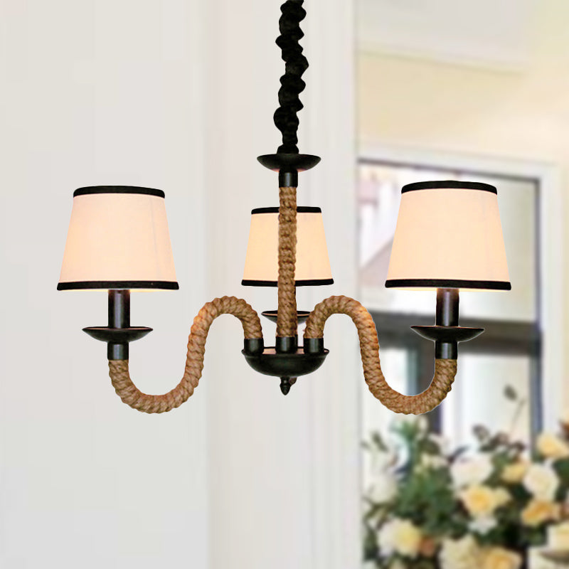 Vintage Style Hanging Chandelier With 3 Bell/Cone Lights Beige Fabric Shade & Rope Detail / Cone