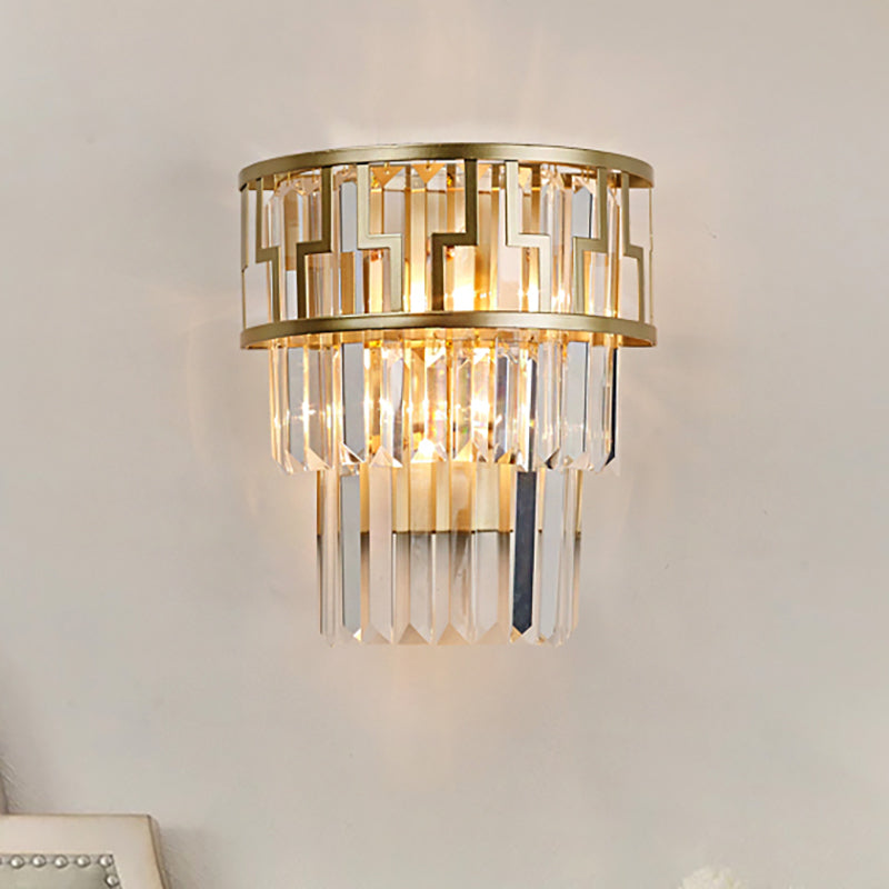 Brass Modernism Layered Wall Lamp With Clear Crystal - 2 Lights Bedside Sconce Fixture